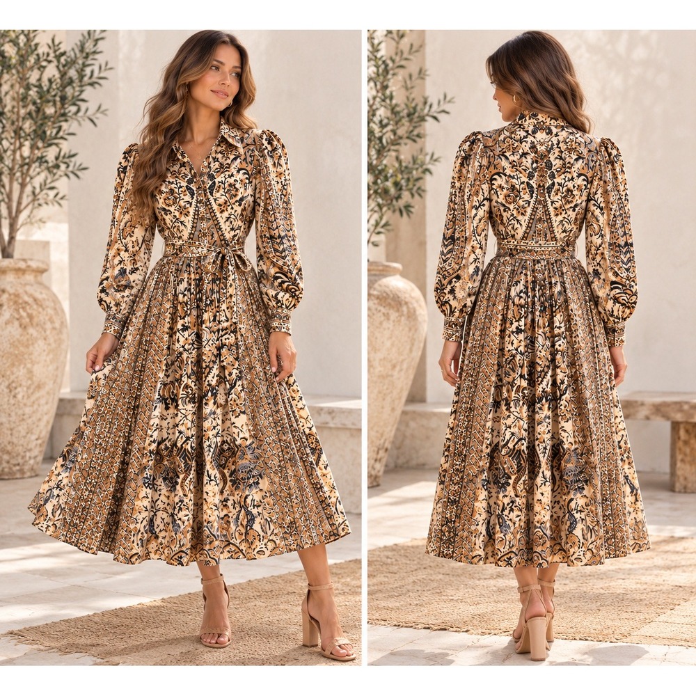 Ulla Johnson Size 0 Paisley Floral Cotton Belted Midi Dress Puff Sleeve Boho